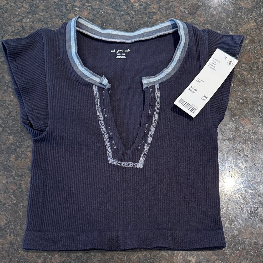 Out from Under Navy Ribbed Short Sleeve Top with Contrast Trim